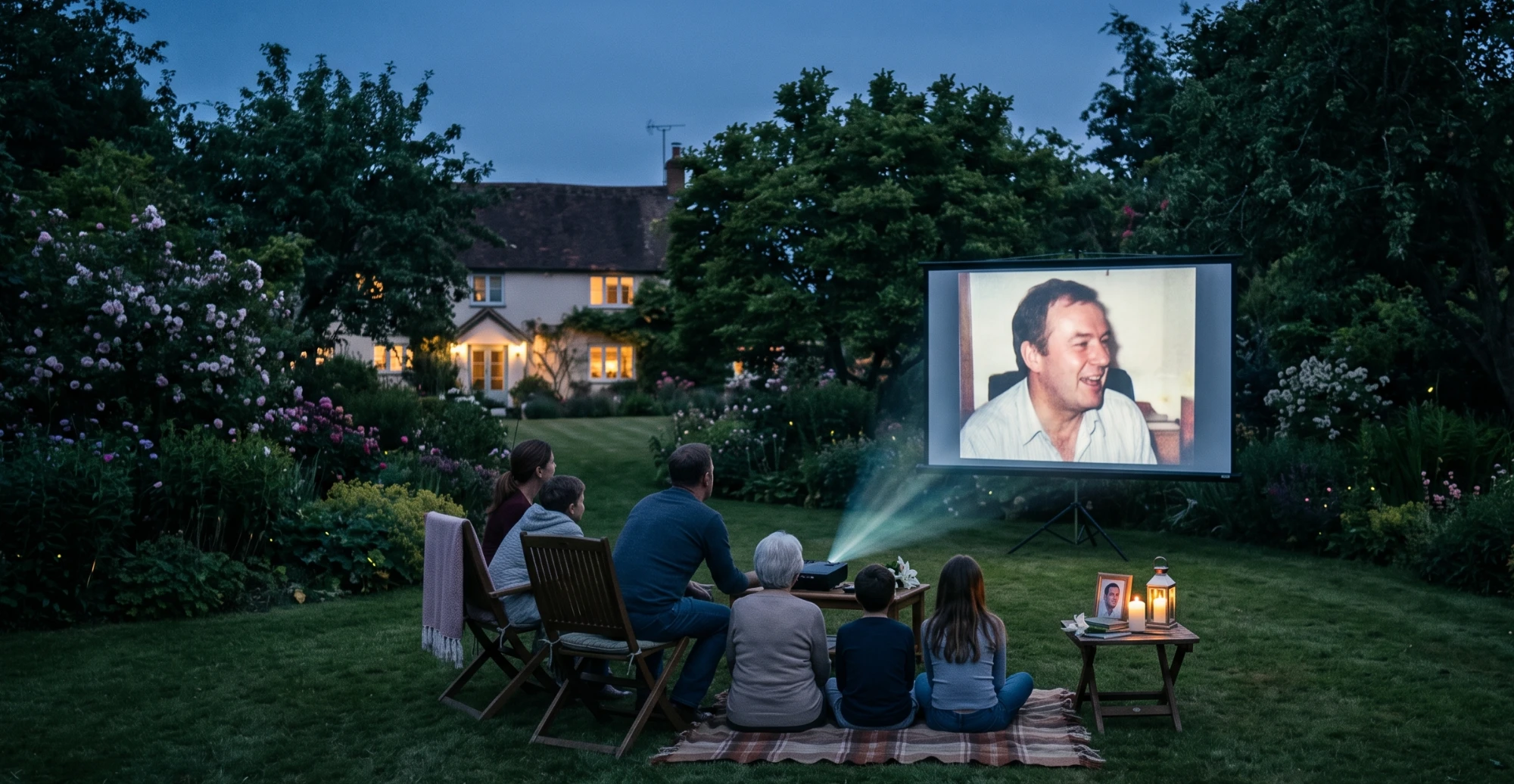 A family gathered in a garden at dusk, watching a documentary projected onto a large screen